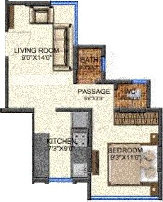 Floor plan of 1 BHK 430 Sq. Ft. Apartment in Ekdant Dinkar Elite, Thane