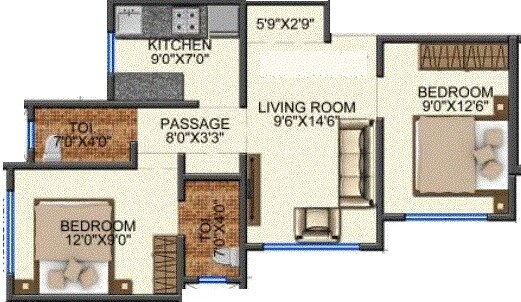 Floor plan of 2 BHK 550 Sq. Ft. Apartment in Ekdant Dinkar Elite, Thane