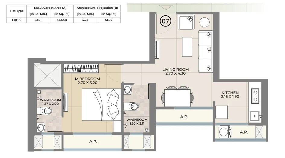 1 BHK 347 Sq. Ft. Apartment