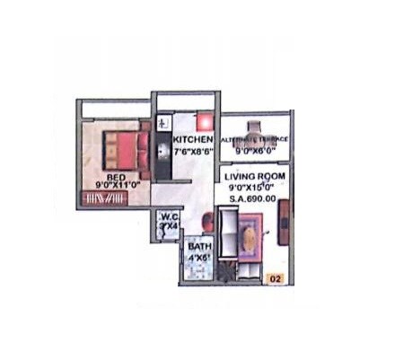 Floor plan of 1 BHK 382 Sq. Ft. Apartment in Eknath Enclave, Thane