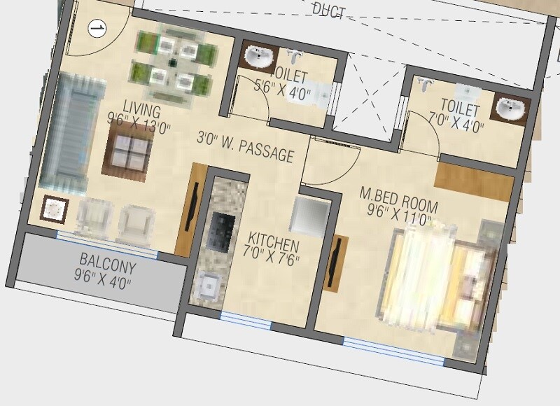 Floor plan of 1 BHK 407 Sq. Ft. Apartment in Ekveera SB Tower, Thane