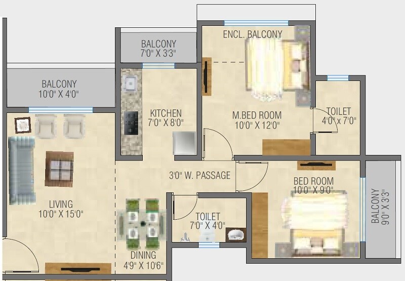 Floor plan of 2 BHK 535 Sq. Ft. Apartment in Ekveera SB Tower, Thane