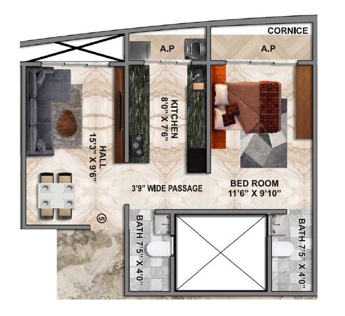 Floor plan of 1 BHK 450 Sq. Ft. Apartment in Elite Crystal, Thane