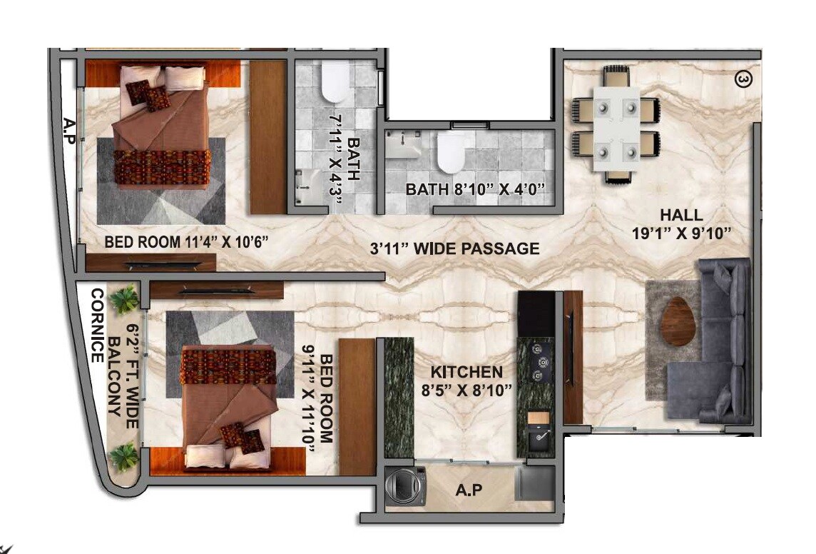 Floor plan of 2 BHK 686 Sq. Ft. Apartment in Elite Crystal, Thane