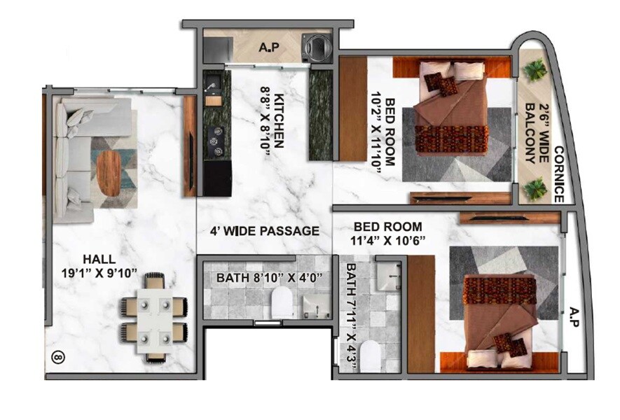 Floor plan of 2 BHK 705 Sq. Ft. Apartment in Elite Crystal, Thane