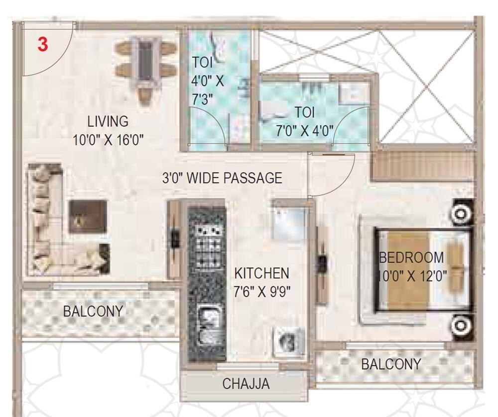 Floor plan of 1 BHK 438 Sq. Ft. Apartment in Eminent Al Maqaam, Thane