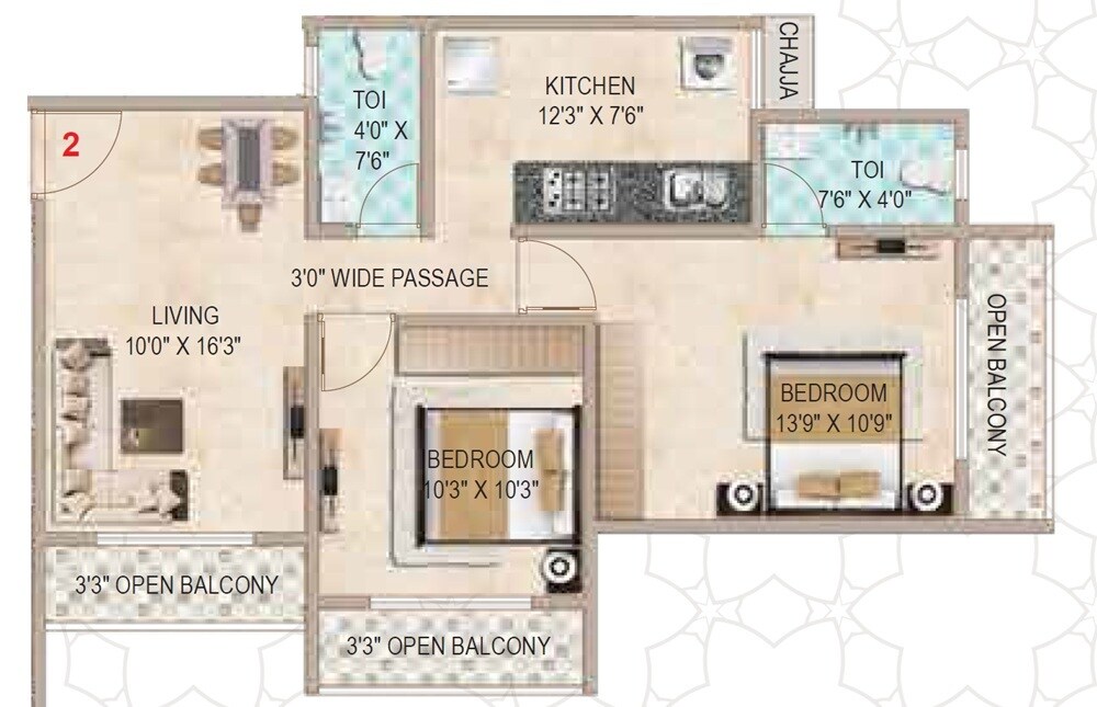 Floor plan of 2 BHK 620 Sq. Ft. Apartment in Eminent Al Maqaam, Thane