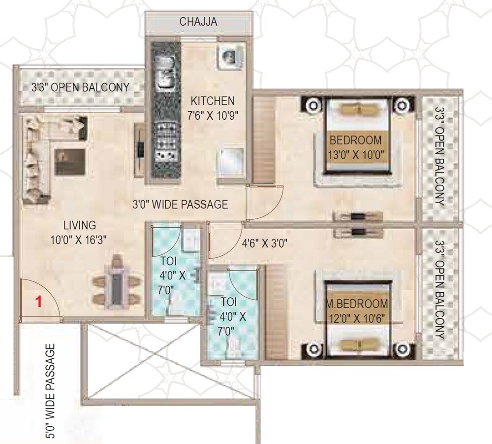 Floor plan of 2 BHK 634 Sq. Ft. Apartment in Eminent Al Maqaam, Thane