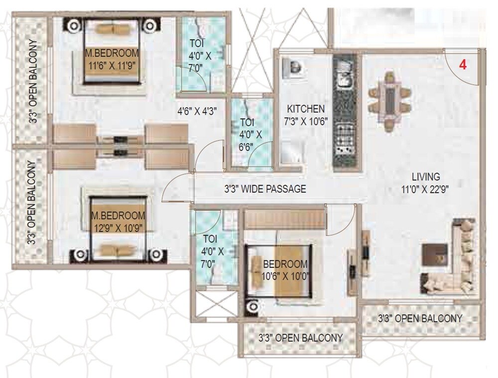 Floor plan of 3 BHK 828 Sq. Ft. Apartment in Eminent Al Maqaam, Thane