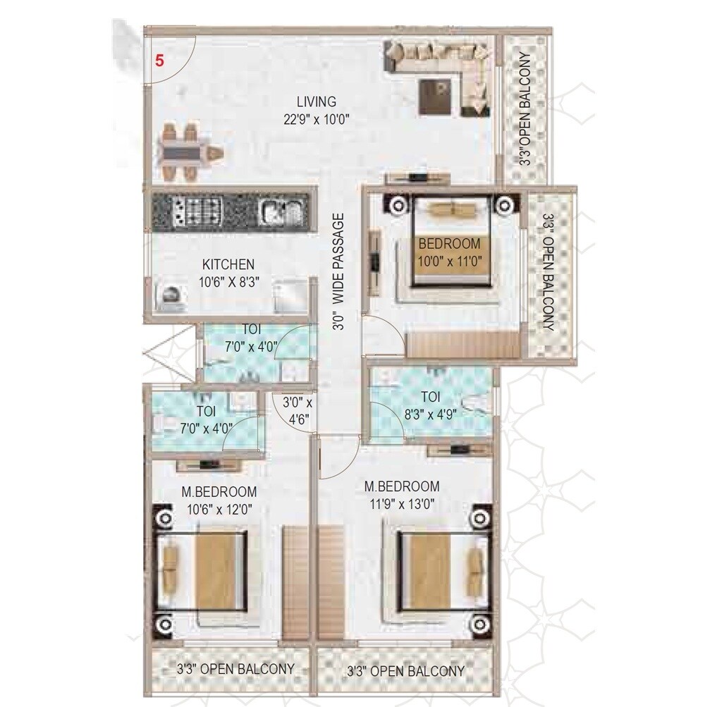 Floor plan of 3 BHK 932 Sq. Ft. Apartment in Eminent Al Maqaam, Thane