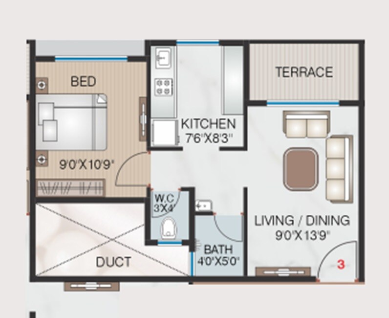 1 BHK 355 Sq. Ft. Apartment
