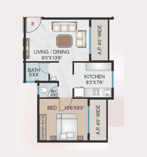 Floor plan of 1 BHK 420 Sq. Ft. Apartment in Empire Dashmesh Pearl, Thane