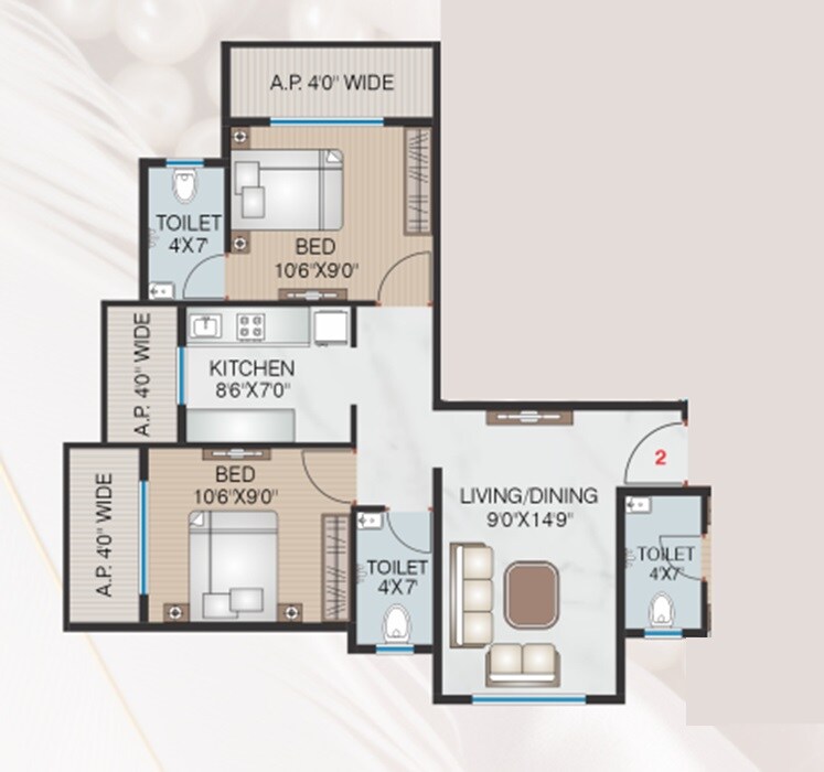 Floor plan of 2 BHK 580 Sq. Ft. Apartment in Empire Dashmesh Pearl, Thane