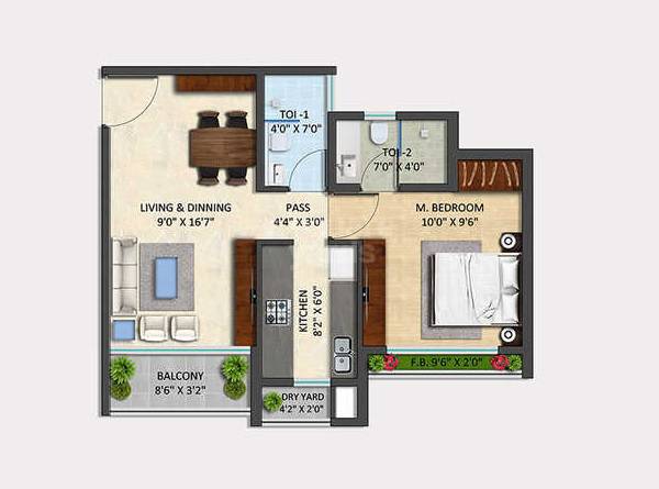 Floor plan of 1 BHK 470 Sq. Ft. Apartment in Empire Industrial Centrum, Thane