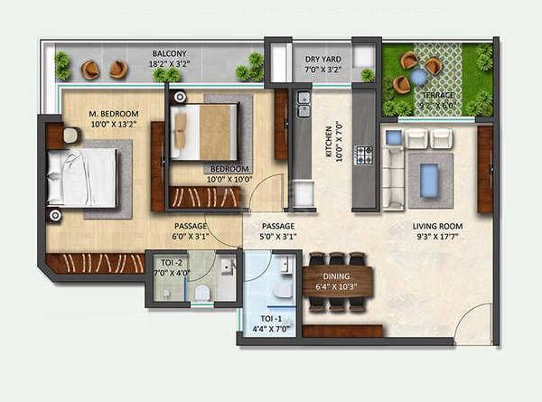 Floor plan of 2 BHK 496 Sq. Ft. Apartment in Empire Industrial Centrum, Thane
