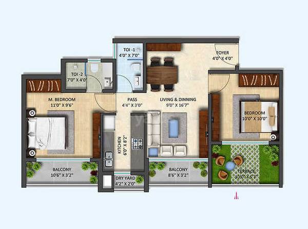 Floor plan of 2 BHK 660 Sq. Ft. Apartment in Empire Industrial Centrum, Thane