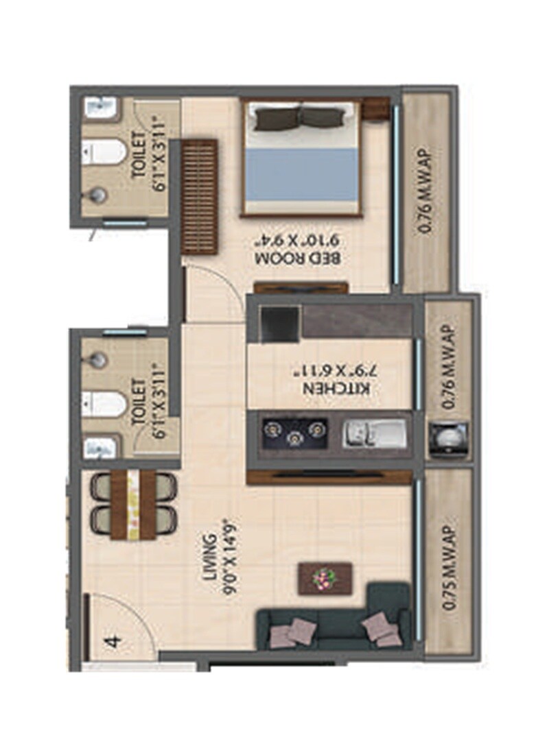 Floor plan of 1 BHK 425 Sq. Ft. Apartment in Empire World, Thane