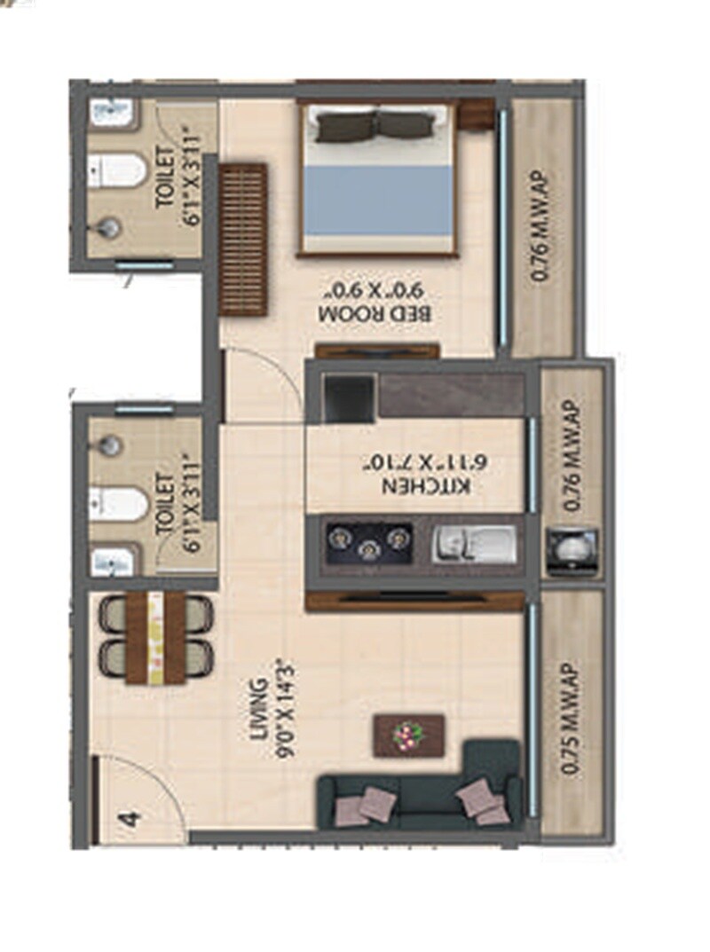 Floor plan of 1 BHK 438 Sq. Ft. Apartment in Empire World, Thane