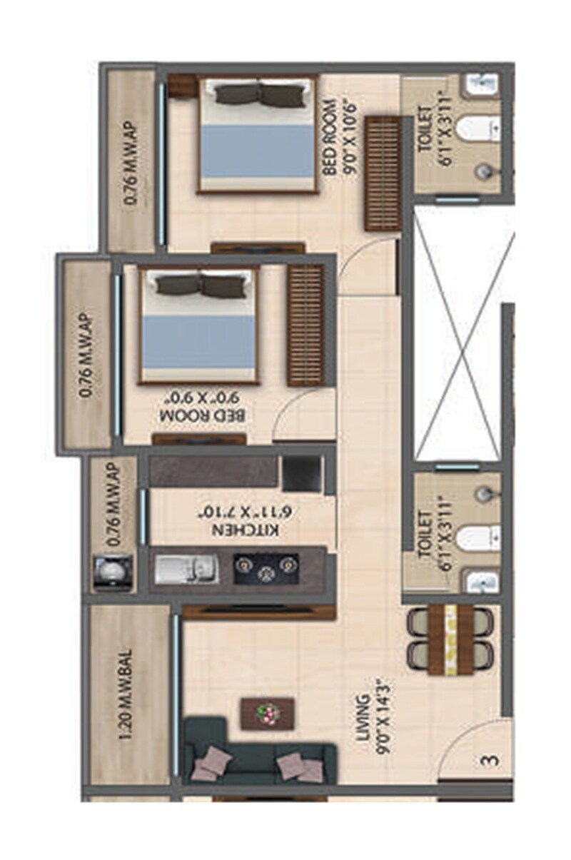 Floor plan of 2 BHK 592 Sq. Ft. Apartment in Empire World, Thane