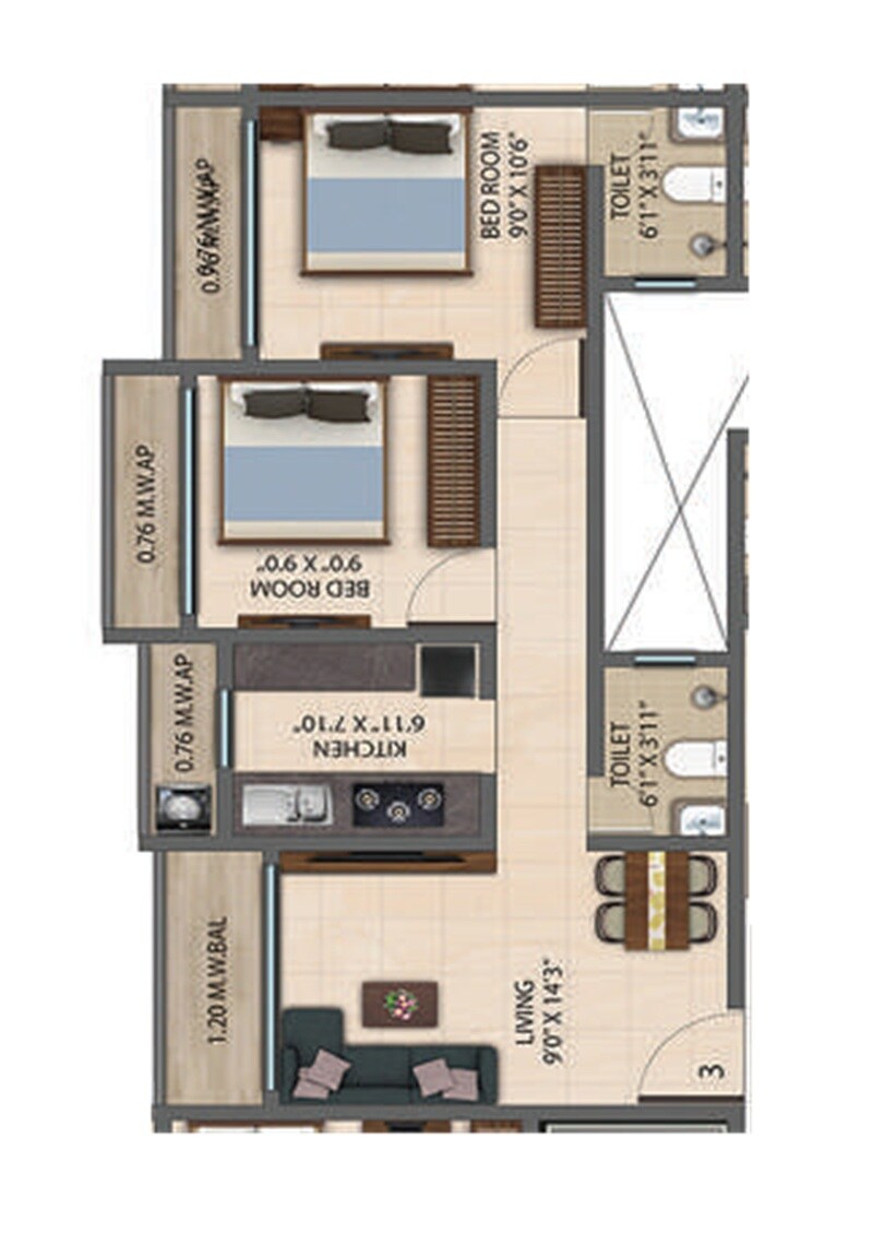 Floor plan of 2 BHK 630 Sq. Ft. Apartment in Empire World, Thane