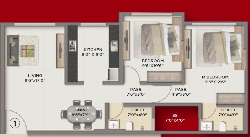 2 BHK 666 Sq. Ft. Apartment