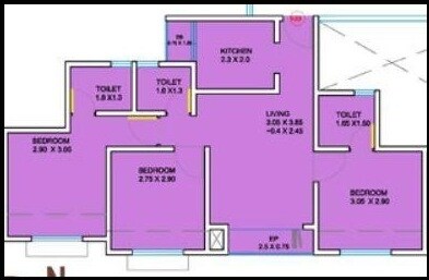 Floor plan of 3 BHK Apartment - 606 sq. ft. in Falco Pearlshire, Thane