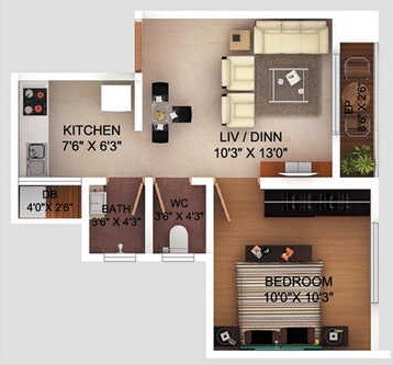 Floor plan of 1 BHK 310 Sq. Ft. Apartment in Falco Rivershire, Thane