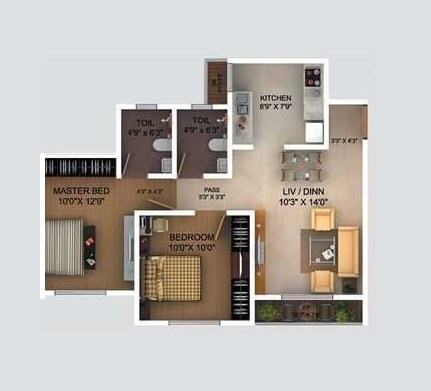 Floor plan of 2 BHK 566 Sq. Ft. Apartment in Falco Woodshire, Thane
