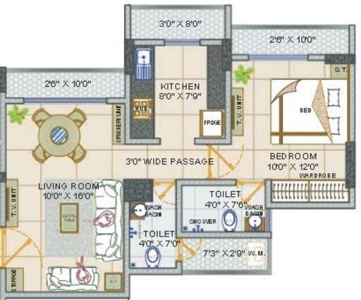 Floor plan of 1 BHK 735 Sq. Ft. Apartment in Fenkin Belleza, Thane