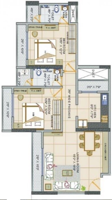 Floor plan of 2 BHK 1040 Sq. Ft. Apartment in Fenkin Belleza, Thane
