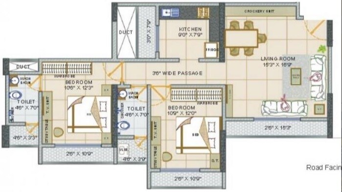 Floor plan of 2 BHK 1060 Sq. Ft. Apartment in Fenkin Belleza, Thane