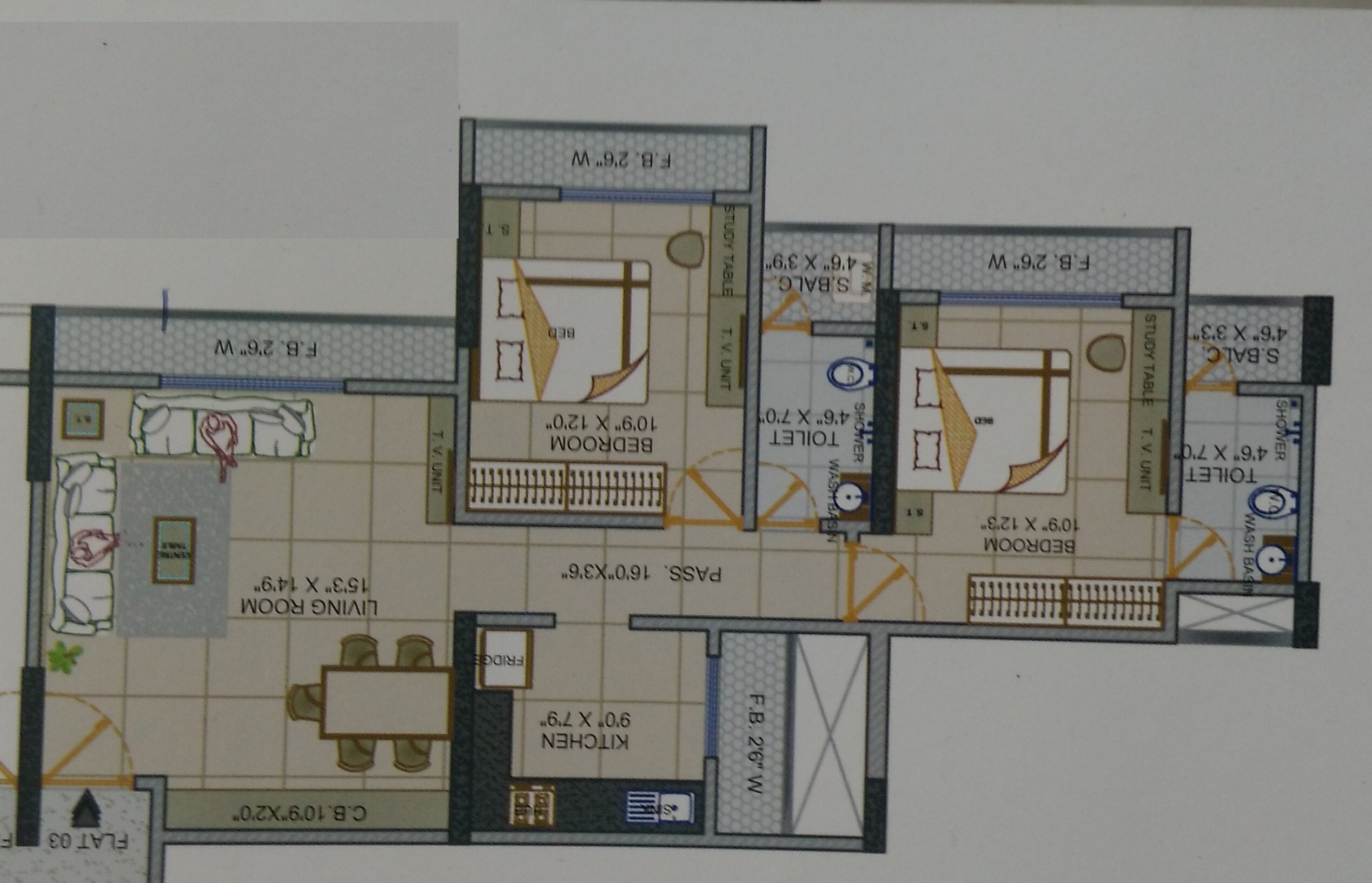 Floor plan of 2 BHK 1185 Sq. Ft. Apartment in Fenklin Belleza, Thane