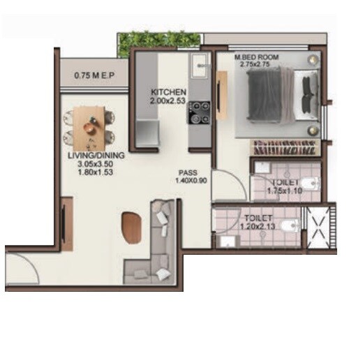 1 BHK 409 Sq. Ft. Apartment