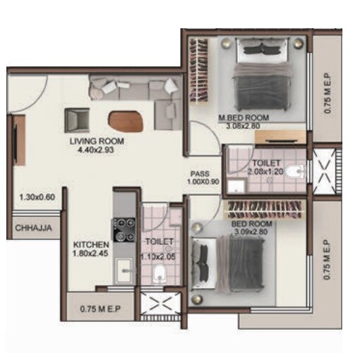 2 BHK 476 Sq. Ft. Apartment