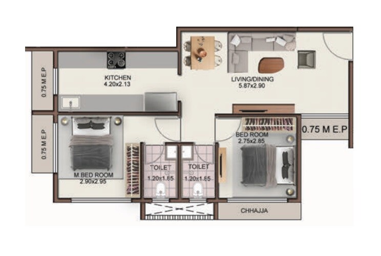 2 BHK 567 Sq. Ft. Apartment