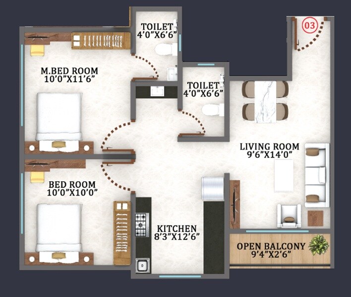 Floor plan of 2 BHK 609 Sq. Ft. Apartment in Fortune Shanu Majestic, Thane
