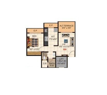 Floor plan of 1 BHK 349 Sq. Ft. Apartment in Gajanan Icon, Thane