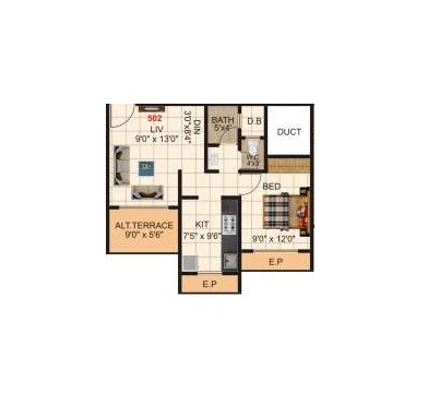 Floor plan of 1 BHK 363 Sq. Ft. Apartment in Gajanan Icon, Thane