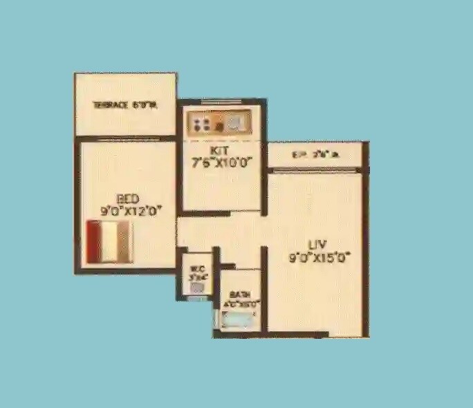Floor plan of 1 BHK 379 Sq. Ft. Apartment in Gajanan Krupa Krishna Pride, Thane