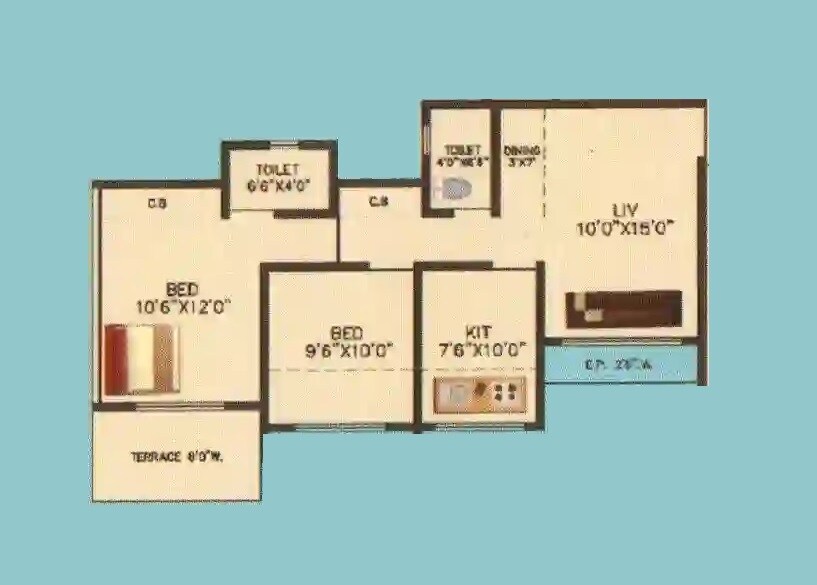 Floor plan of 2 BHK 559 Sq. Ft. Apartment in Gajanan Krupa Krishna Pride, Thane