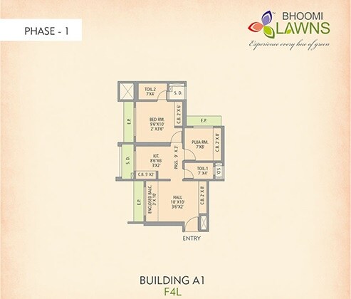 Floor plan of 1 BHK 690 Sq. Ft. Apartment in Gajra Bhoomi Lawns, Thane