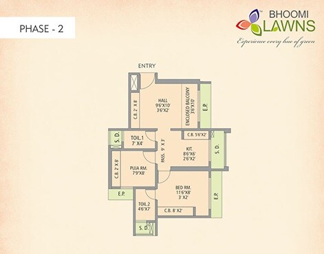 Floor plan of 1 BHK 441 Sq. Ft. Apartment in Gajra Bhoomi Lawns Phase II, Thane
