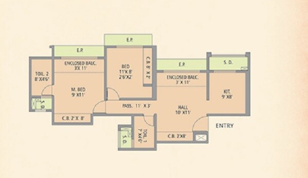 Floor plan of 2 BHK 519 Sq. Ft. Apartment in Gajra Bhoomi Lawns Phase II, Thane