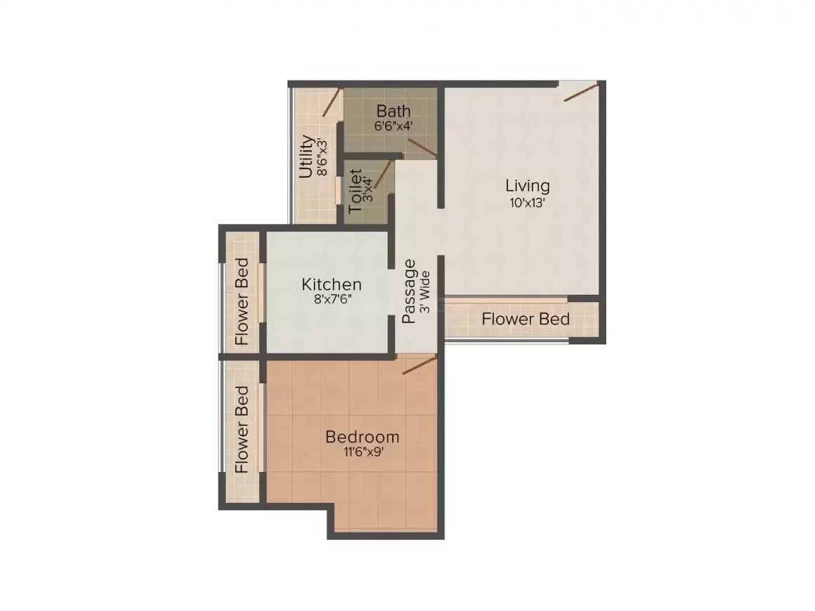 Floor plan of 1 BHK 860 Sq. Ft. Apartment in Gajra Bhoomi Sky Lawns, Thane
