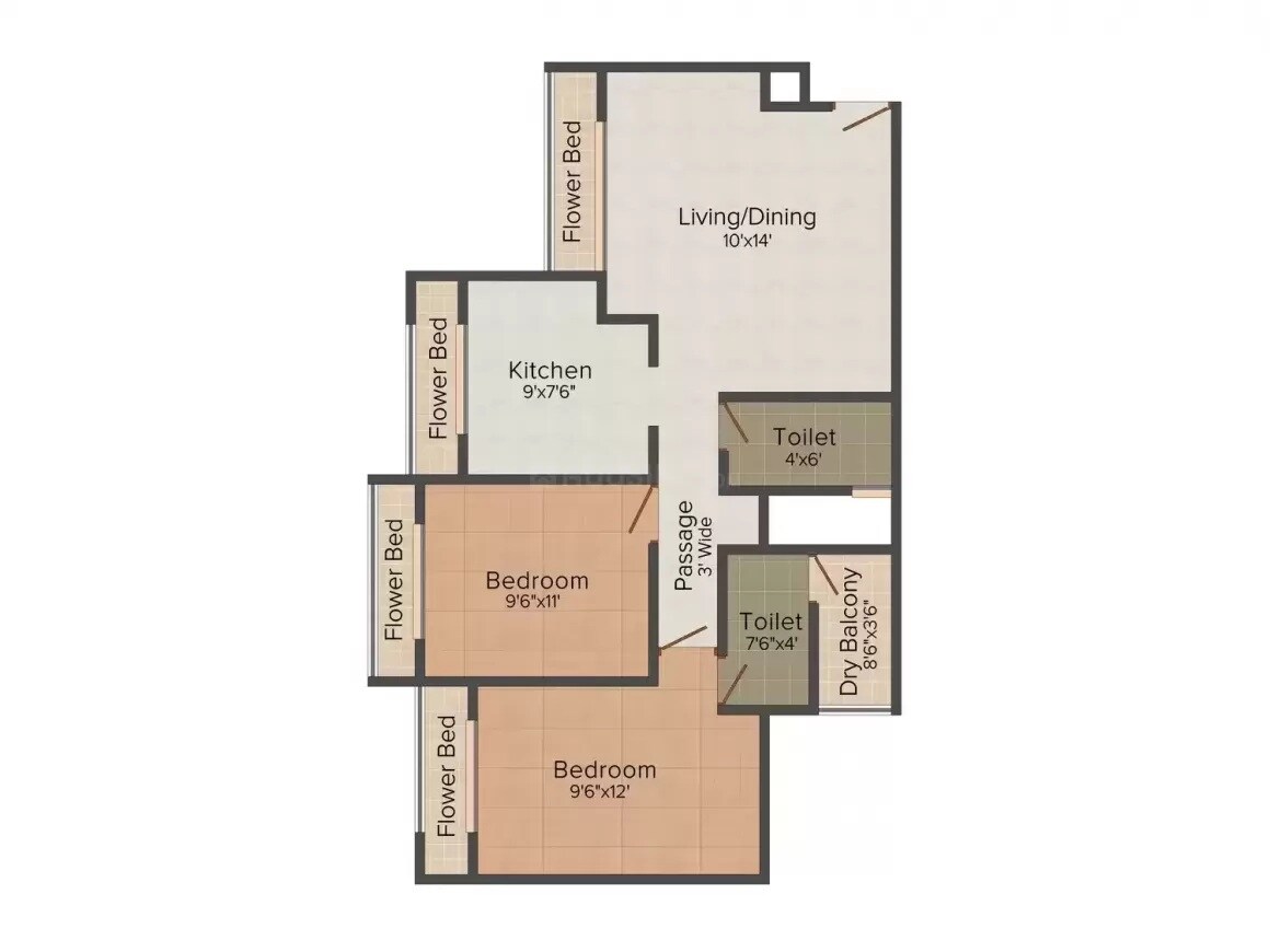 Floor plan of 2 BHK 1029 Sq. Ft. Apartment in Gajra Bhoomi Sky Lawns, Thane