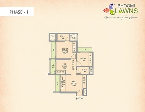 Floor plan of 1 BHK 660 Sq. Ft. Apartment in Gajraj Bhoomi Lawns Phase I, Thane