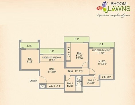 Floor plan of 2 BHK 1029 Sq. Ft. Apartment in Gajraj Bhoomi Lawns Phase I, Thane