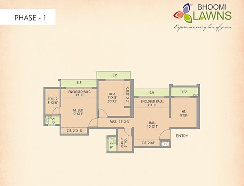 Floor plan of 2 BHK 860 Sq. Ft. Apartment in Gajraj Bhoomi Lawns Phase I, Thane