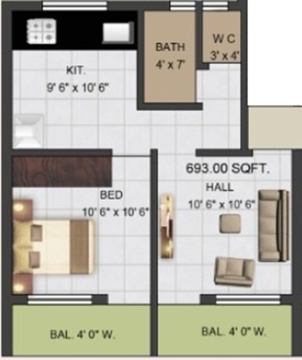 Floor plan of 1 BHK 475 Sq. Ft. Apartment in Gajraj Shiv Tirth, Thane