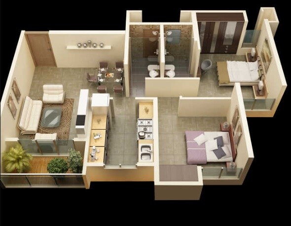 Floor plan of 2 BHK 655 Sq. Ft. Apartment in Gala Pride Palms, Thane